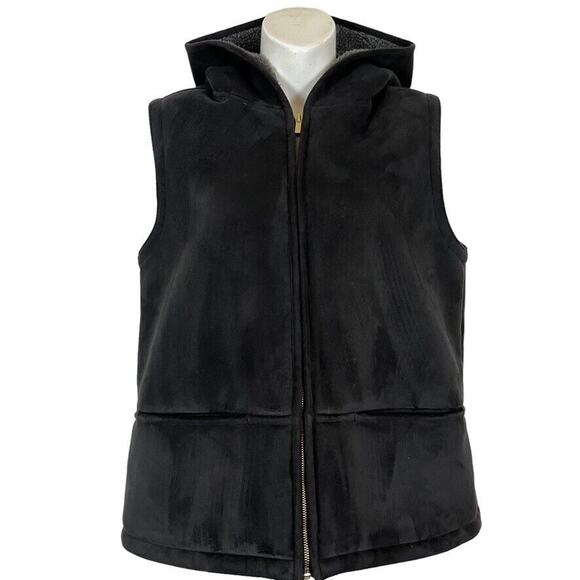 Lauren Ralph Lauren Full Zip Black Womens Hooded Sherpa Faux Suede Jacket Coat M - Picture 1 of 16